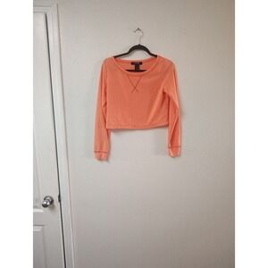 Sugar Womens Peach Coral Orange Long Sleeve Waffle Knit Crop Top Shirt Medium